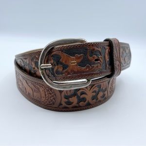 Tooled Belt Outdoorsman Western Cowhide Leather Embossed Hunting Fishing USA